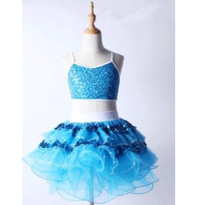 Turquoise blue fuchsia hot pink sequins girls kids split set children modern performance ballet leotard tutu dance dresses outfits